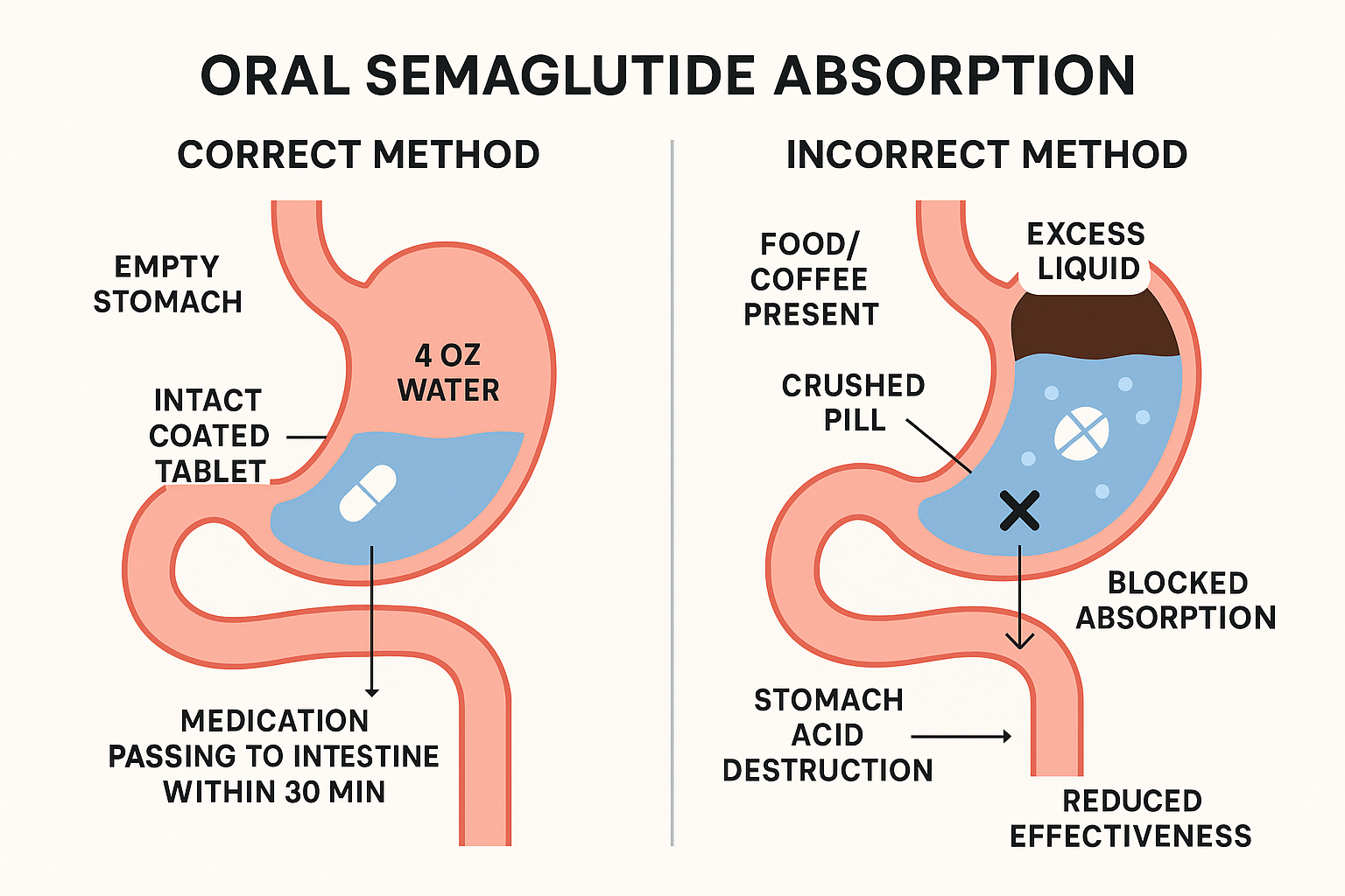 Diagram comparing correct vs incorrect Foundayo absorption in the digestive tract