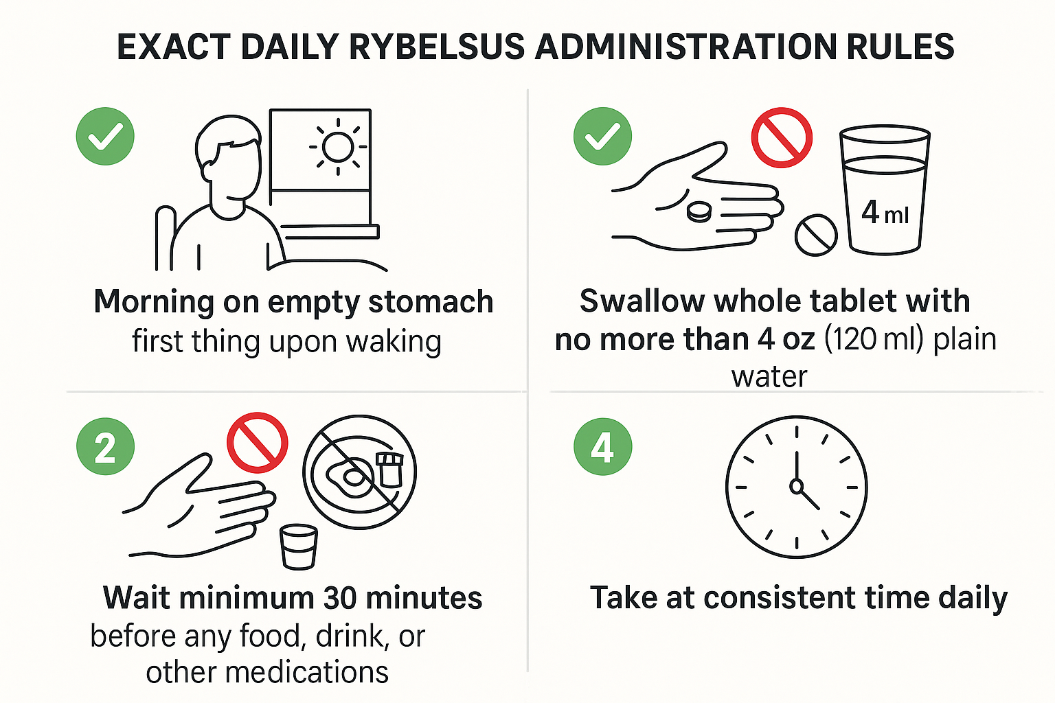 Step-by-step visual of correct Rybelsus tablet administration rules