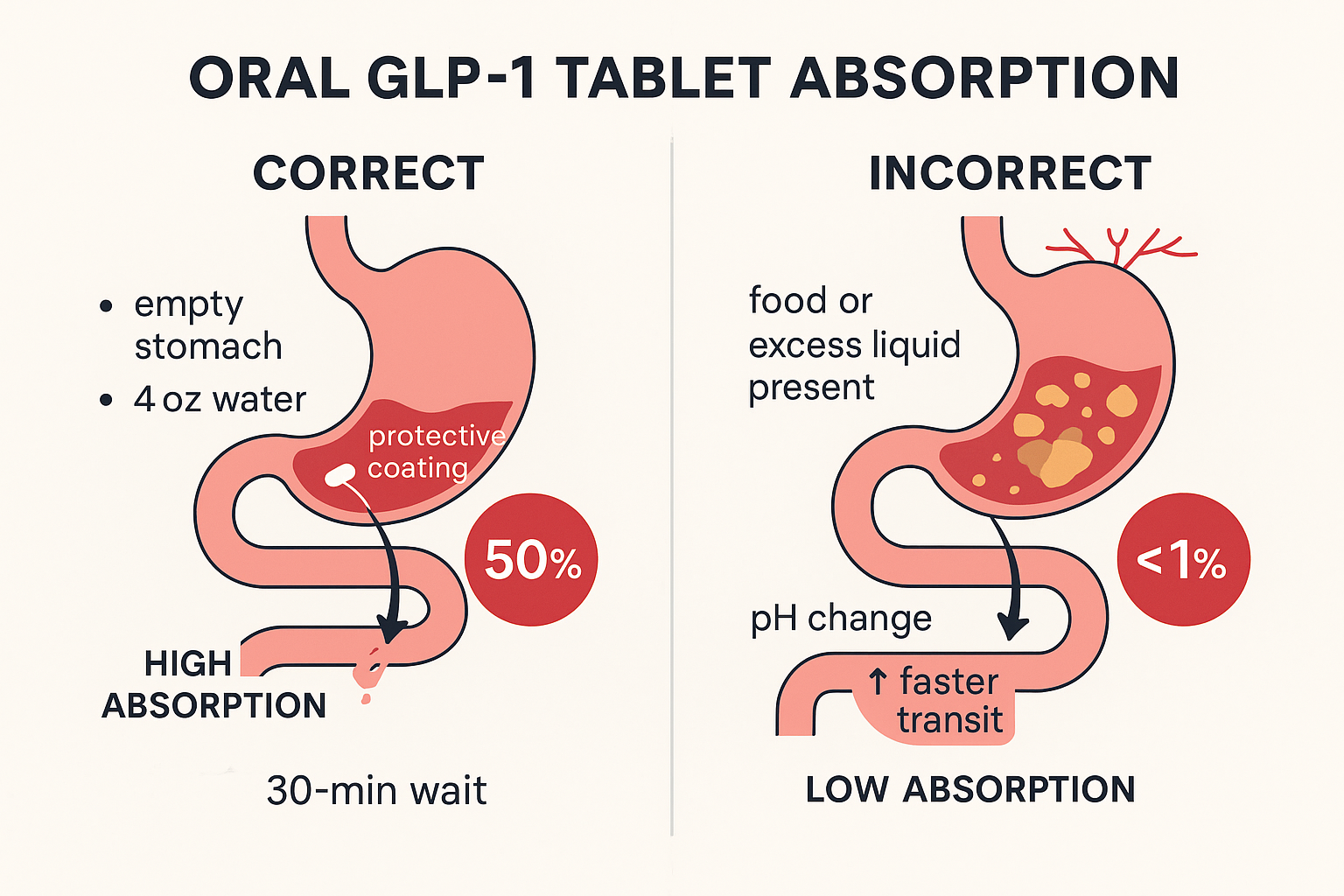 Diagram of how correct Foundayo administration improves intestinal absorption