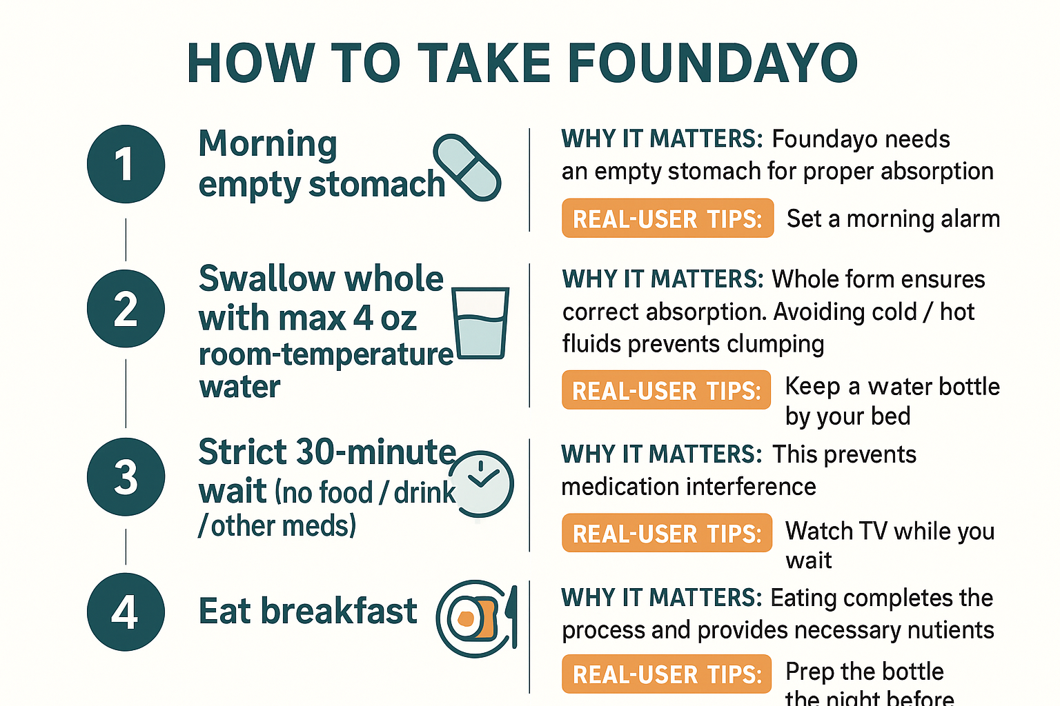 Step-by-step infographic of Foundayo administration guidelines