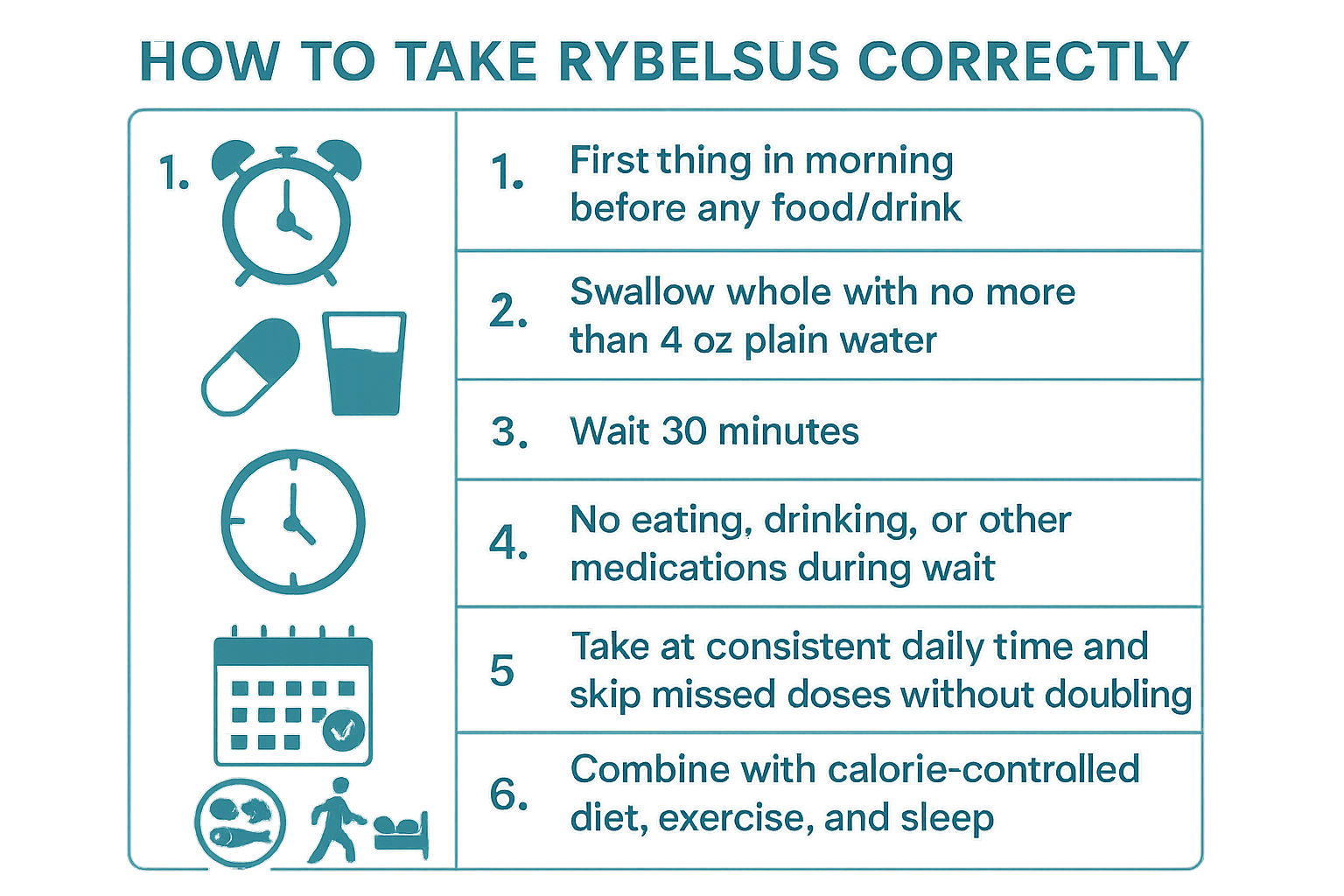 Step-by-step illustrated guide showing correct daily Rybelsus administration technique