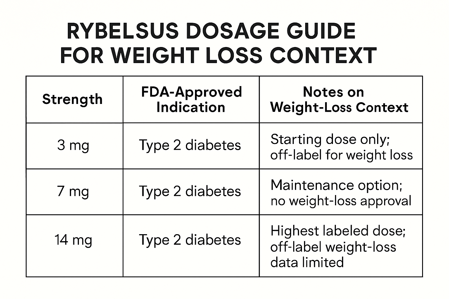 Table showing Rybelsus strengths, FDA-approved indications, and notes about off-label weight-loss use.